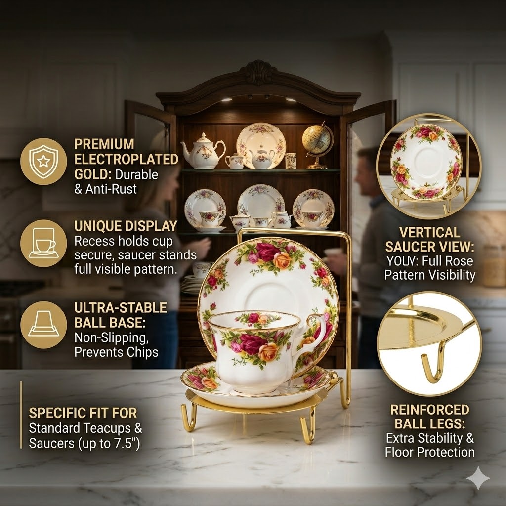 HOHIYA 6 Piece Tea Cup and Saucer Display Stands Heavy-Duty Metal Teacup and Plate Holder for China Cabinets Elegant Porcelain Showcase Rack Gold